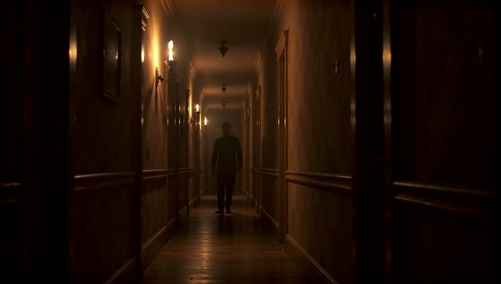 AI-generated frame from a Victorian hallway video — flickering gas lamp illuminates a shadowy corridor with peeling wallpaper