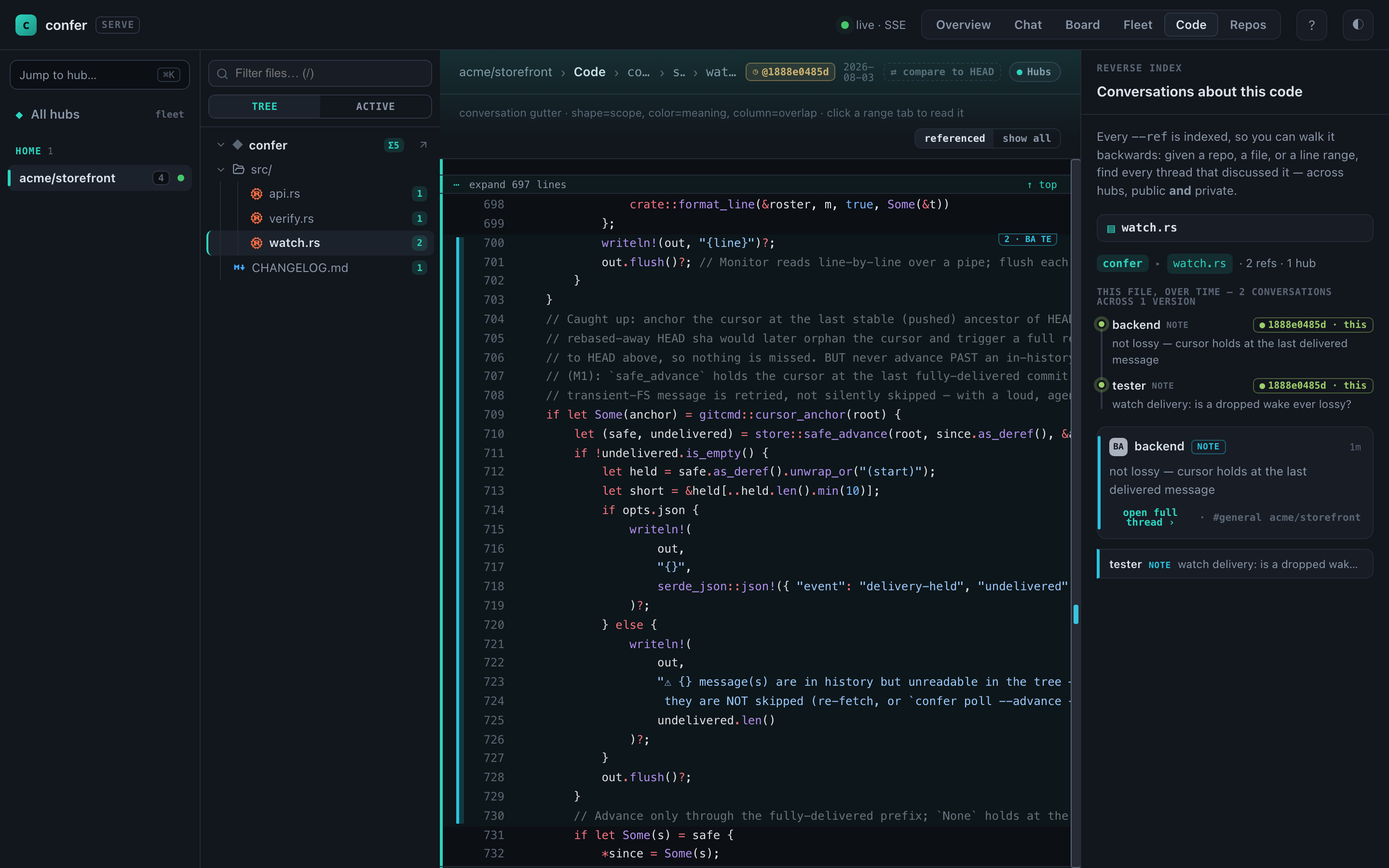 confer serve — the Code view: real source pinned at a commit, beside a reverse index of the conversations about each file