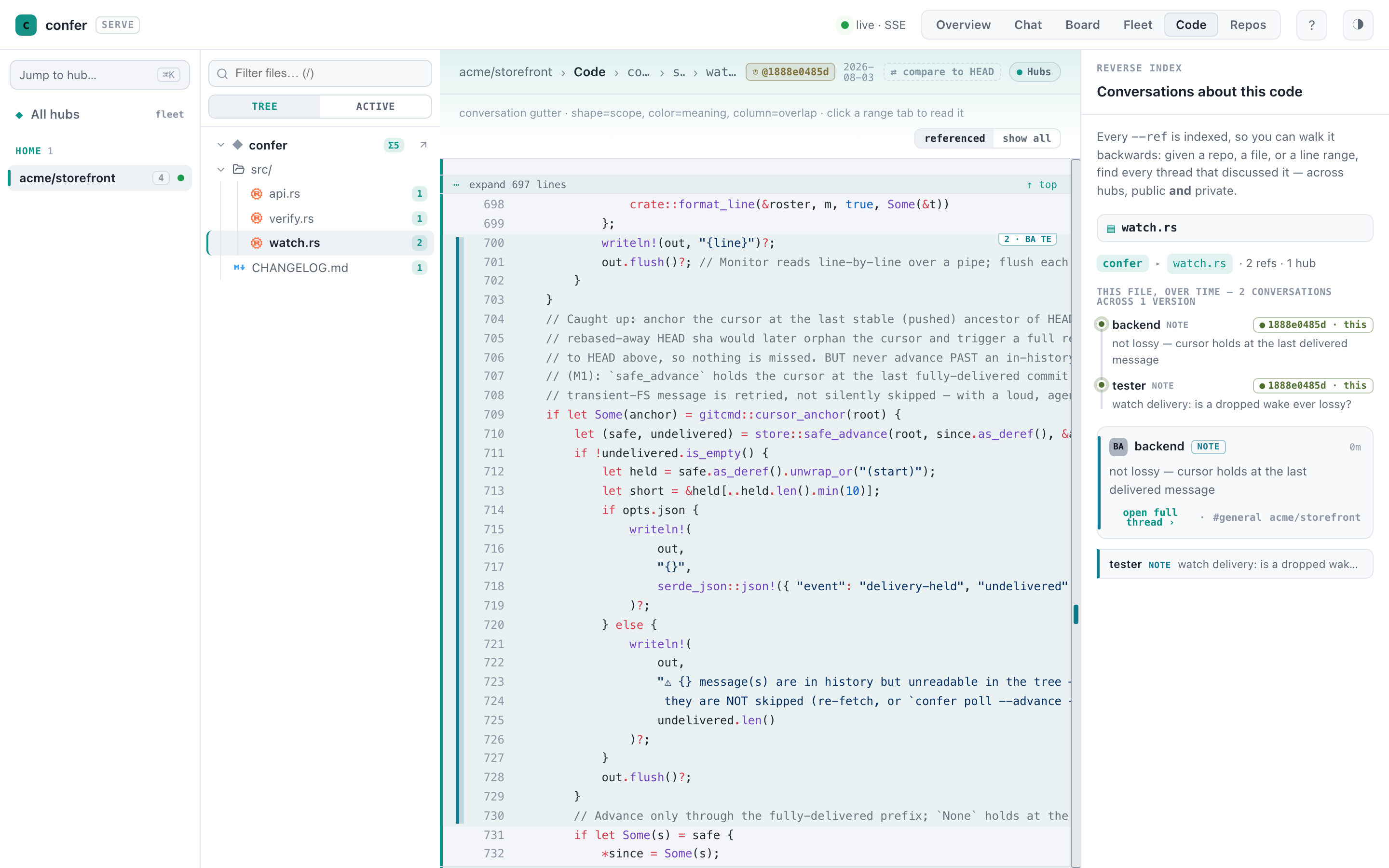 confer serve — the Code view: real source pinned at a commit, beside a reverse index of the conversations about each file