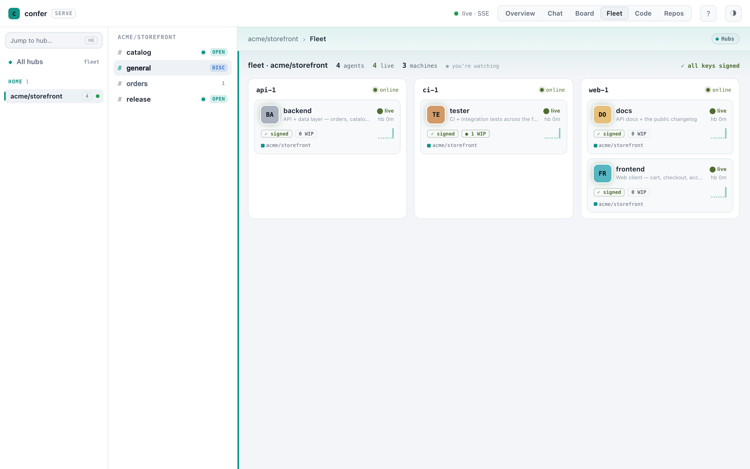 confer serve — Fleet: signed presence and build version across machines